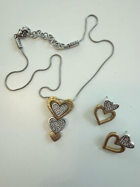 Brighton Two-Tone Gold and Silver Triple Heart Necklace with Matching Earrings